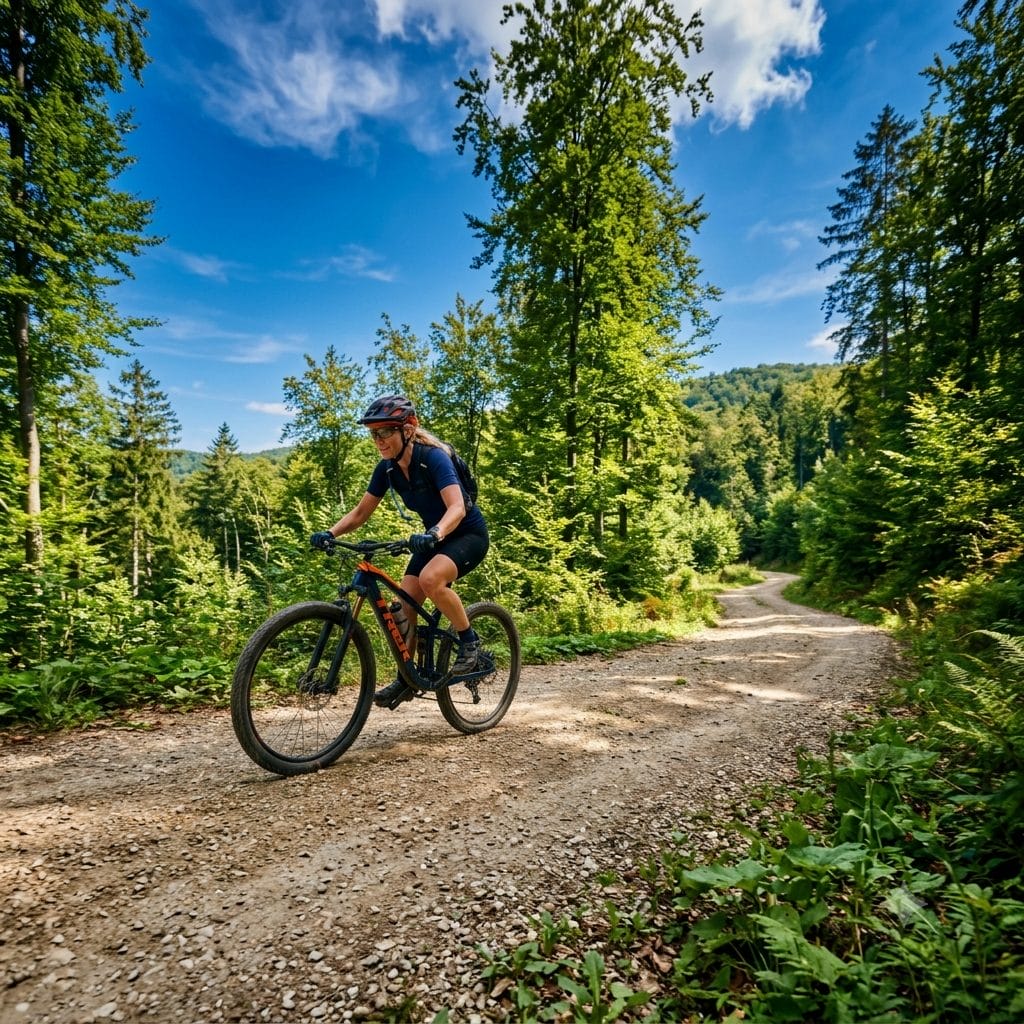 Fahrradfahrer im Wald auf Schotterweg